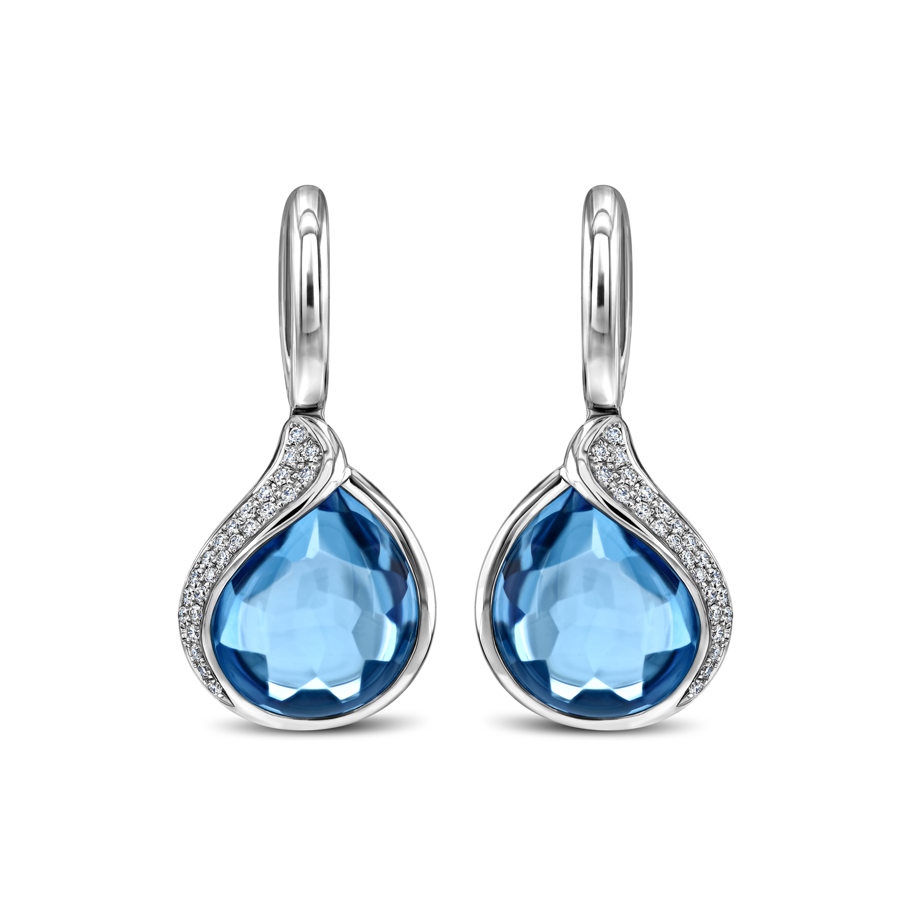 Cabochon blue topaz and diamond tear-drop earrings