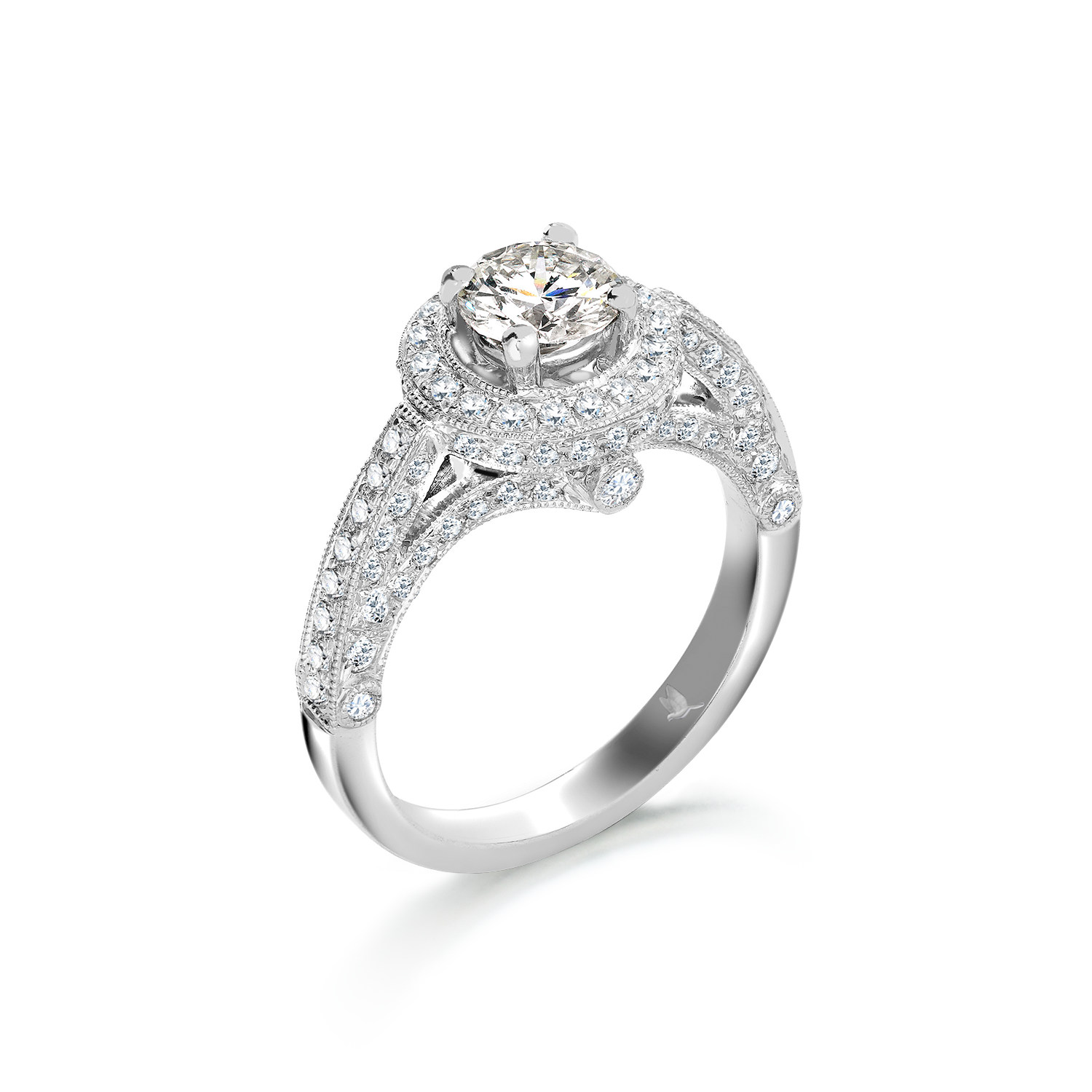 Intricate brilliant cut diamond ring with halo set to two sides