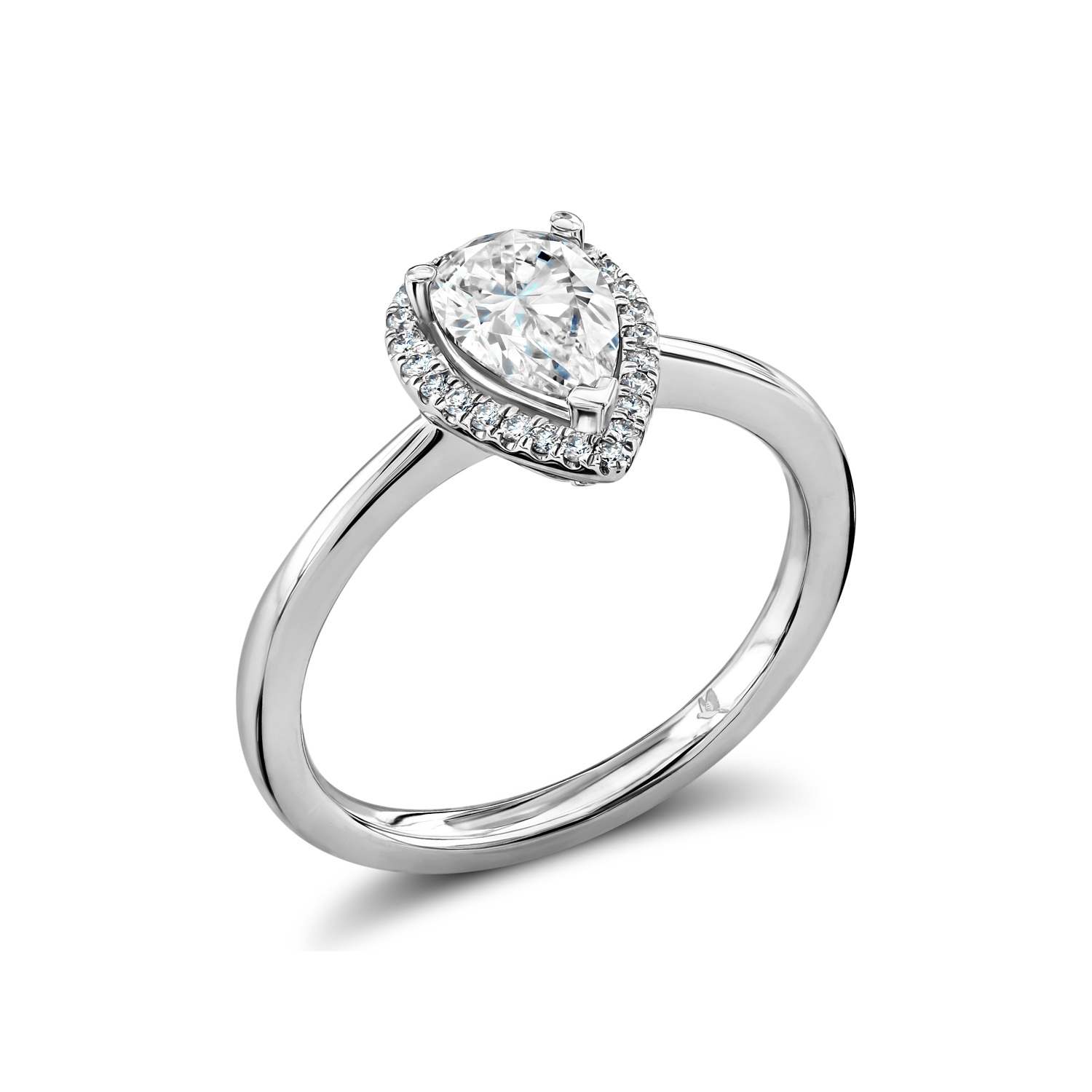 Pear shaped diamond ring with diamond halo