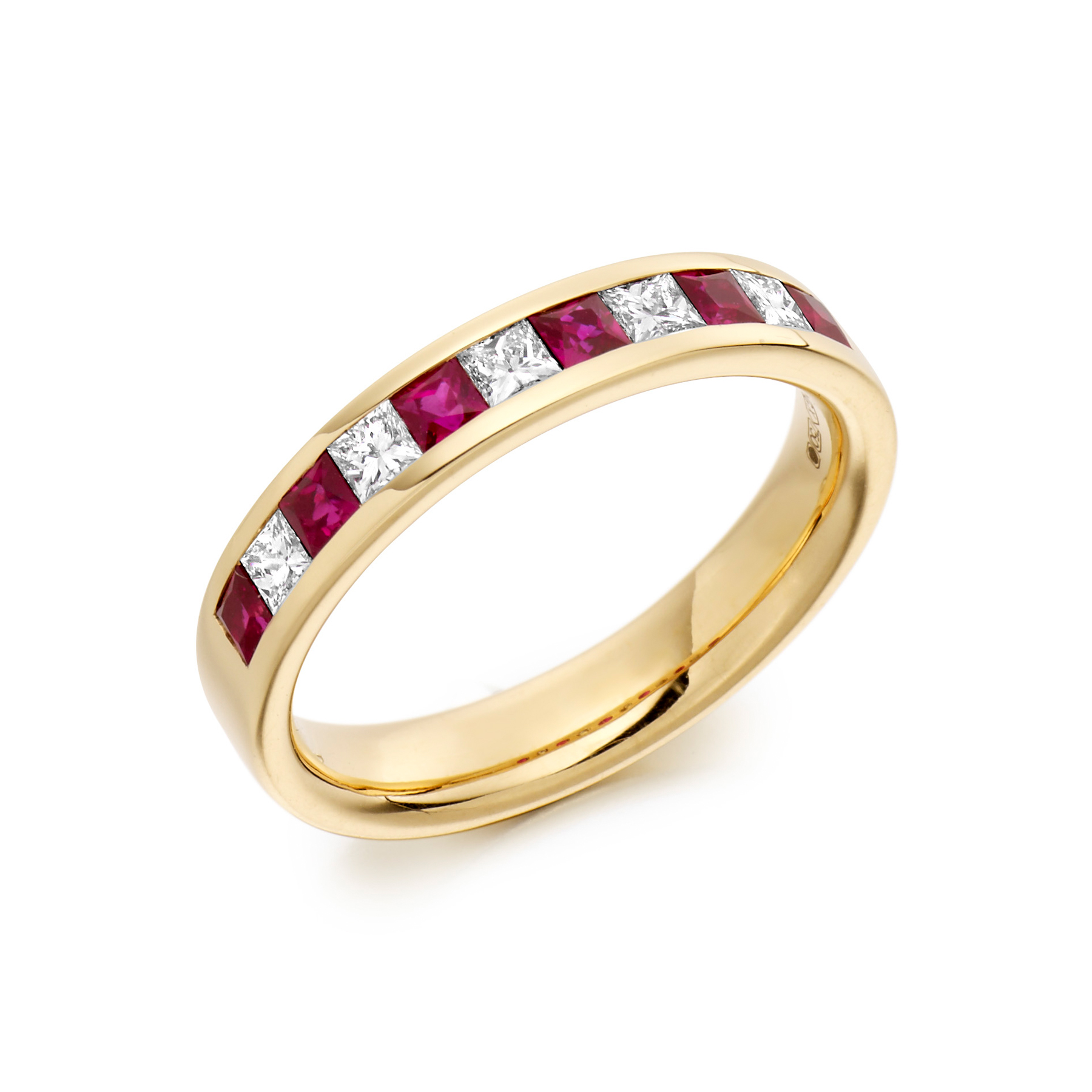 Square cut diamond and ruby half eternity ring