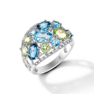 Wide ring with blue topaz, peridot and diamonds