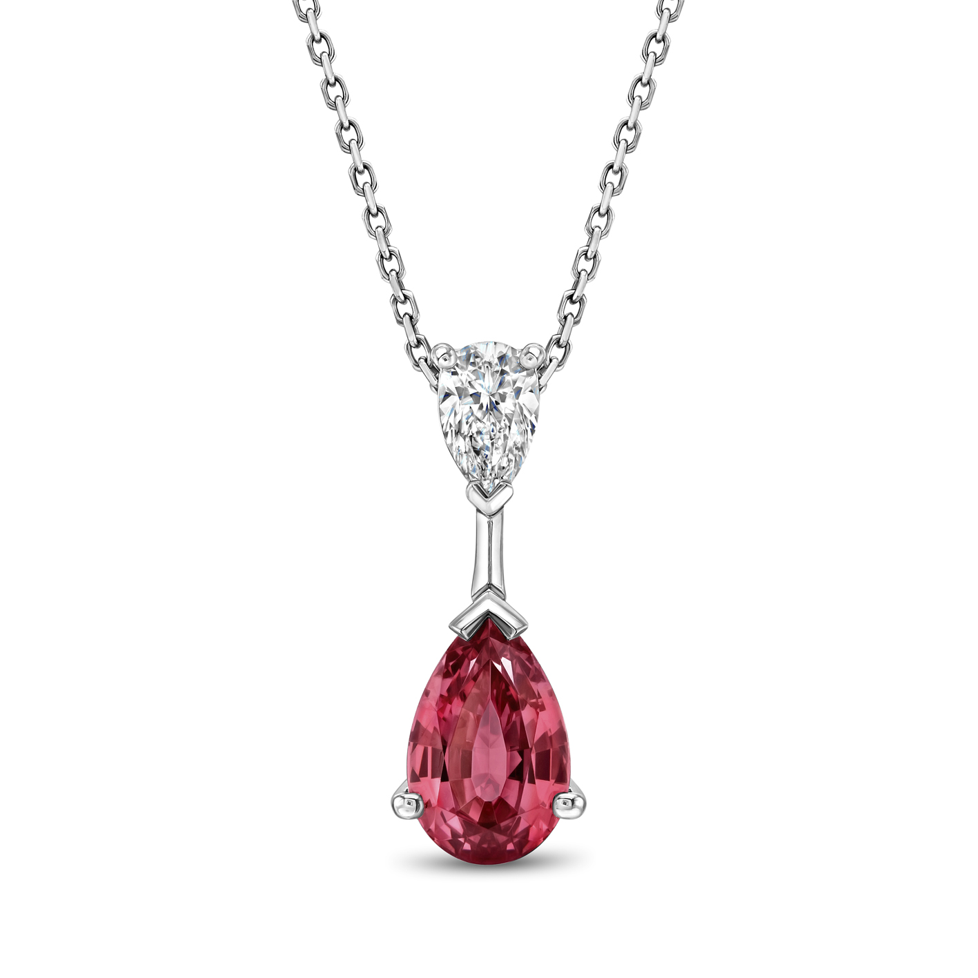 Double pear shaped pendant of hot pink spinel and diamond