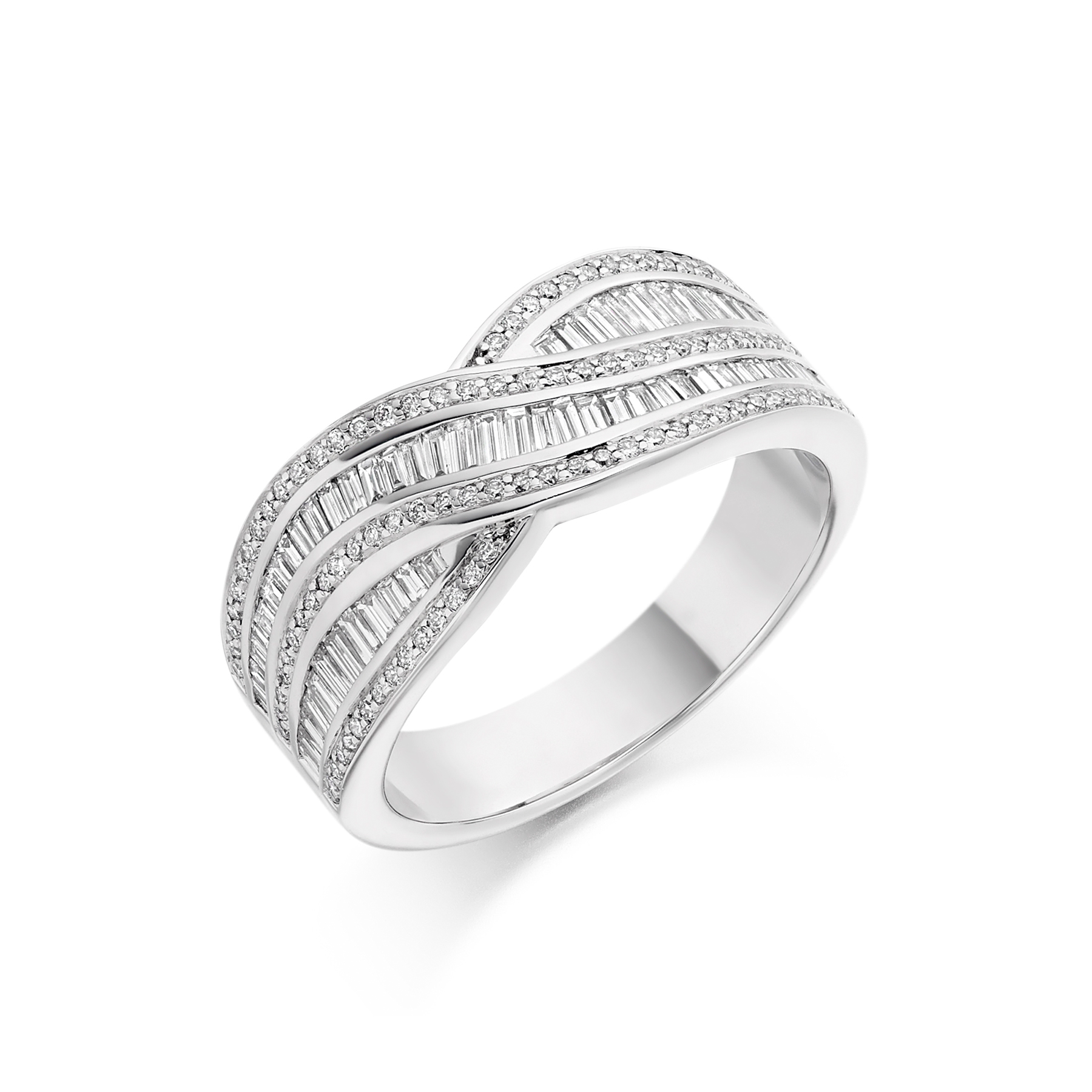 Cross-over design three row diamond dress ring