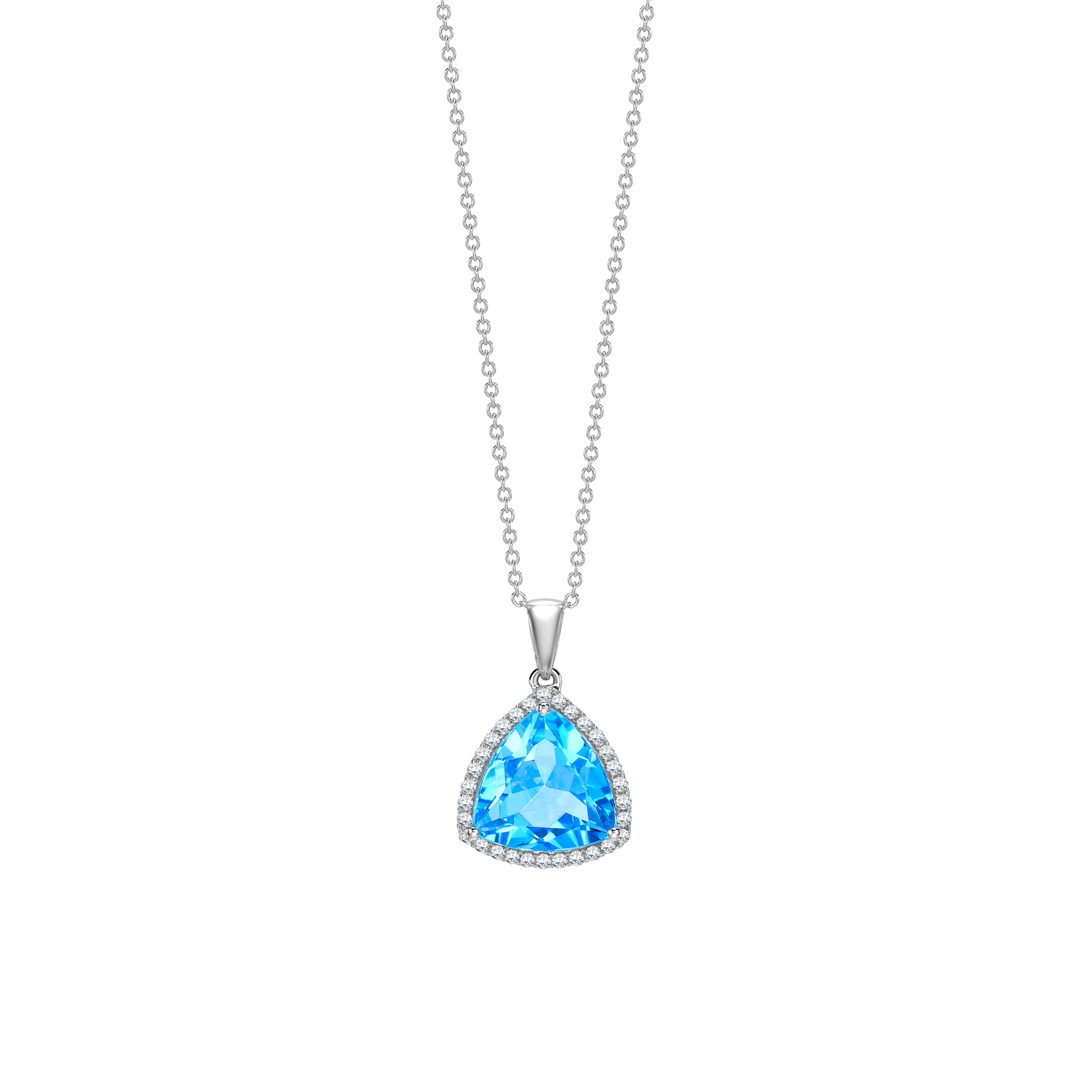 Trillion cut blue topaz and diamond pendant