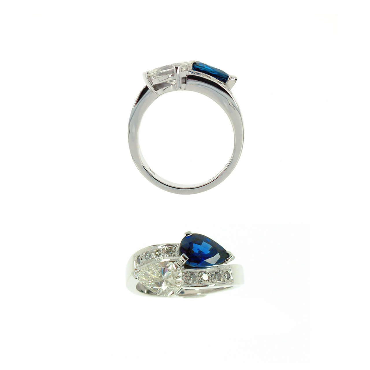 double headed pear shaped cross-over diamond and sapphire ring