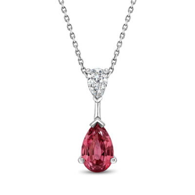 Double pear shaped pendant of hot pink spinel and diamond