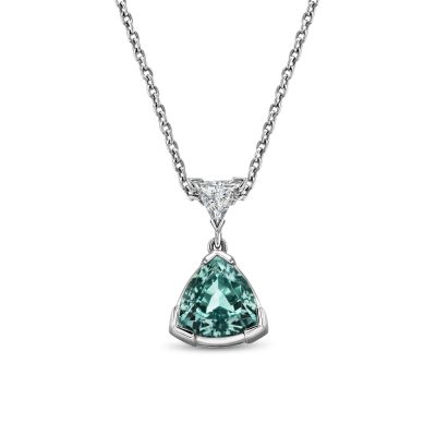 Trillion cut lagoon tourmaline and diamond pendant